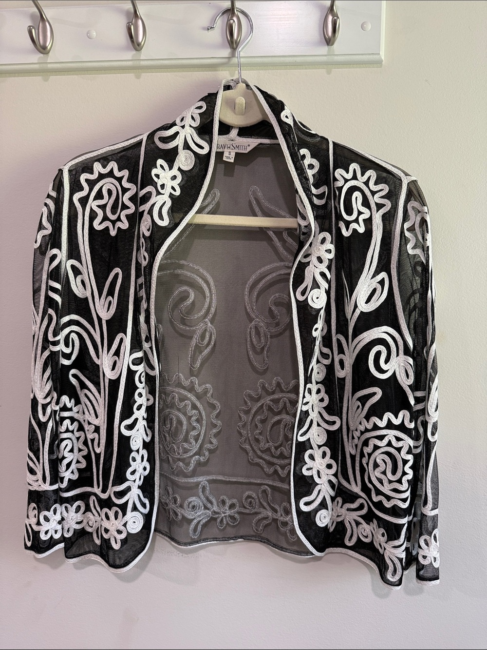 TravelSmith Black Sheer Open-Front Blouse with White Embroidery
